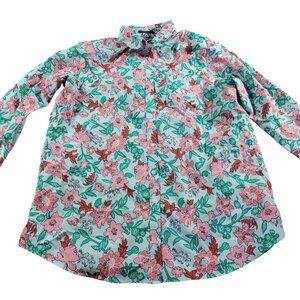 Lands End No Iron Supima Cotton Shirt Size 16 Brown Floral Button Up Long Sleeve
